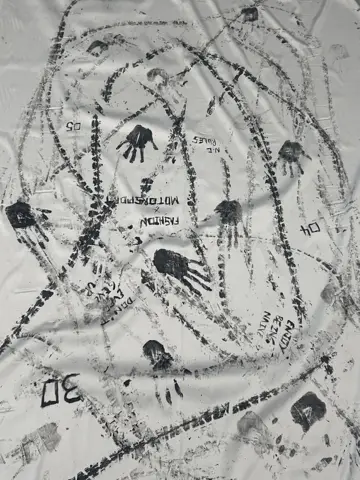 Close-up of black tyre print marks on fabric
