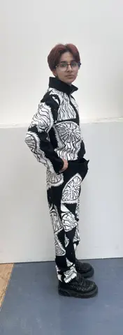 Second view of the monochrome printed suit
