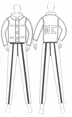 Technical fashion sketch of jacket with NC lettering