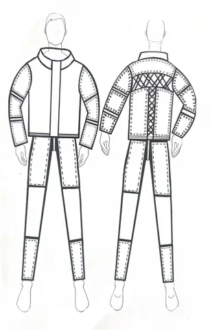 Technical sketch of jacket and trousers